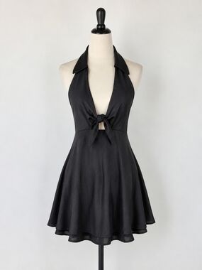 Black Halter Tie-Front Skater Dress - Women